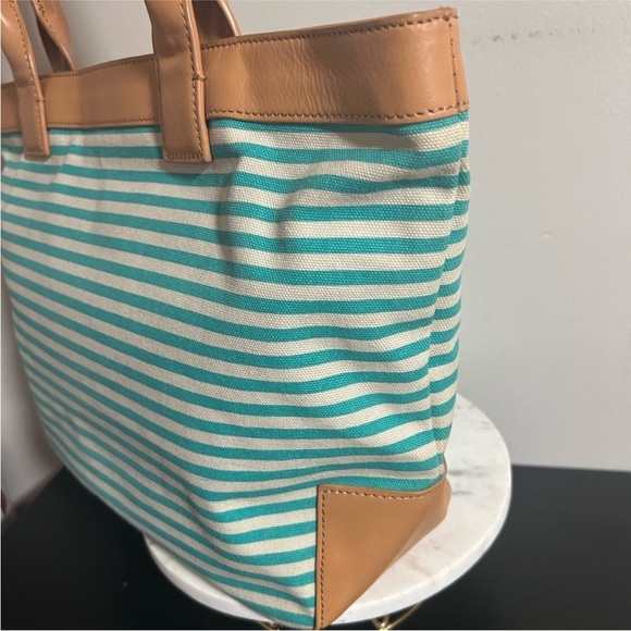 Tory Sophia Canvas Burch Aqua and Tan Striped Tote - Picture 8 of 15